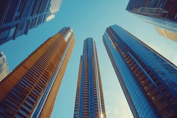 Sunlit City Street Towering Skyscrapers, Blue Hues & Orange Facades