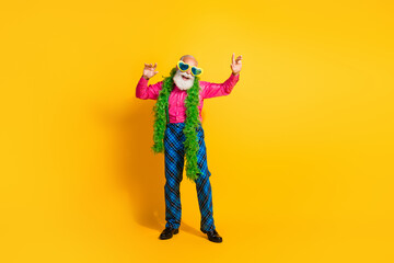 Full body photo of retired man showman dance boa dressed pink shirt vintage plaid pants fancy clothes isolated on yellow color background