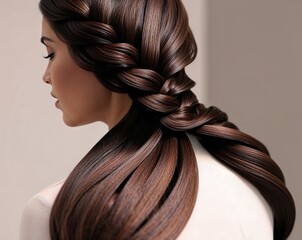 Naklejka premium Elegant braided hairstyle showcasing glossy long hair in a modern hairstyle setting