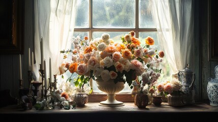 Fototapeta premium A Beautiful Floral Arrangement by the Windowsill with Soft Natural Light