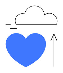 Blue heart with upward arrow and cloud outline. Ideal for love, growth, aspiration, positivity, motivation dreams and health themes. Line metaphor. Line metaphor. Simple line icons