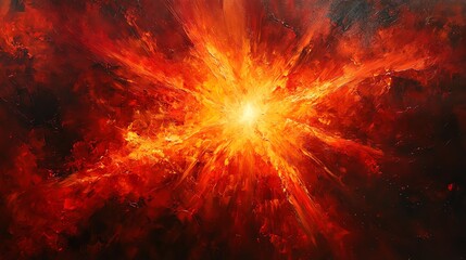 Bright burst of red and orange light radiating from a center point, abstract energy, powerful and intense, high contrast