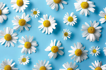 Fototapeta premium Blue background with a bunch of white daisies. The daisies are scattered all over the background, creating a sense of abundance and freshness. The blue background adds a calming