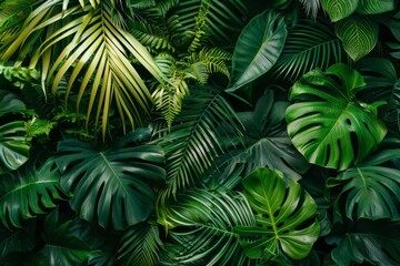 Dense tropical jungle wallpaper with rich green foliage and exotic plants, ideal for creating a tranquil environment. A lush tropical jungle with vibrant greenery .