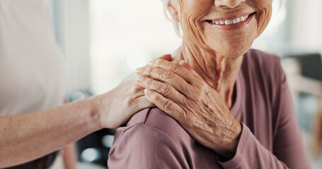 Physiotherapy, holding hands and healthcare with senior woman, smile and empathy for medical...