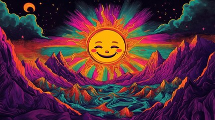 Fototapeta premium Smiling Sun Over Psychedelic Mountains