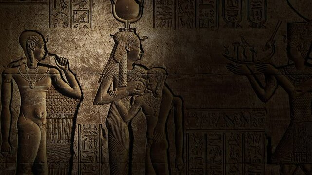 Light spot moving on hieroglyphic carvings on the wall of an ancient egyptian temple, 4k
