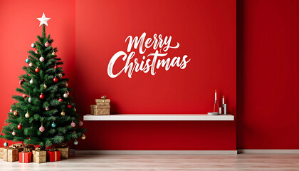 Merry Christmas, Decorated Christmas Tree, Ornaments and Gifts on Red Wall Art