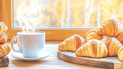 A cozy artisan bakery with freshly baked croissants and a steaming cup of latte