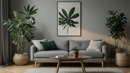 Stylish living room featuring a gray sofa, green indoor plants, and framed botanical artwork, creating a cozy and modern atmosphere.
