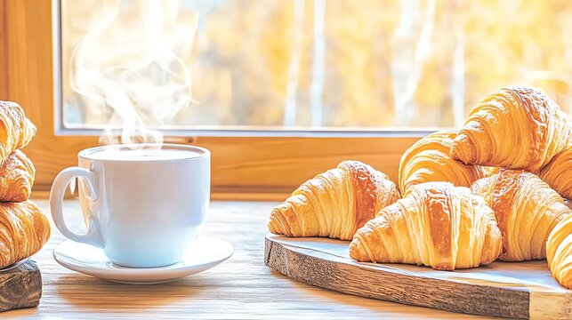 A cozy artisan bakery with freshly baked croissants and a steaming cup of latte