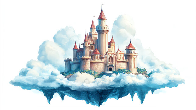castle in the sky with clouds swirling around its base illustrations on isolated white Background
