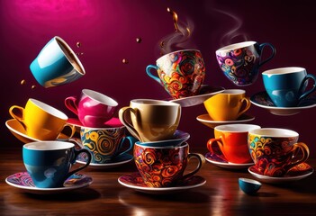 energetic creative display dynamic coffee cups various colorful contrasting backgrounds, mugs, design, artistic, beverage, steam, surface, pattern