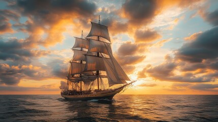 Obraz premium Majestic sailing ship gracefully navigates the serene ocean waters under a breathtaking sunset sky with billowing clouds and warm golden hues