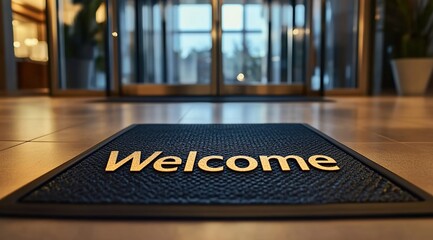 Close-up of the "Welcome" mat in front of the hotel entrance door