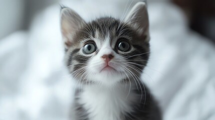 Closeup of a kitten with wide, curious eyes, against a white background