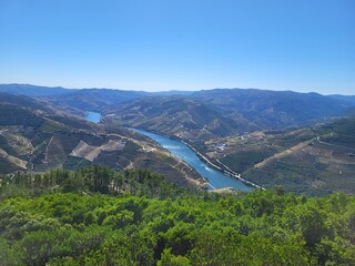 A breathtaking aerial view of the Douro Valley in Portugal, showcasing its terraced vineyards, winding river, and rolling hills. 