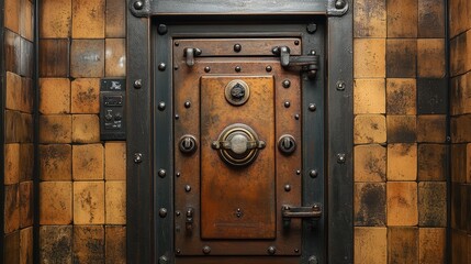 Fototapeta premium A rustic, vintage-style bank vault door with a detailed design and weathered finish, surrounded by an array of old, patterned tiles