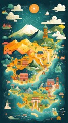 Whimsical Asian Landscape Illustrative Map Featuring Ancient Architecture