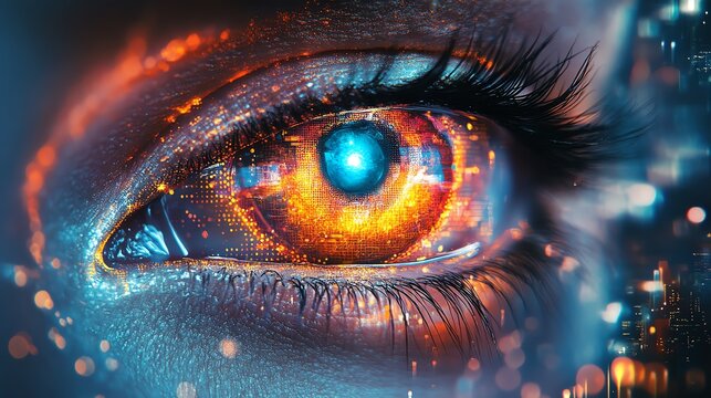 Closeup of eye with glowing, futuristic iris in warm neon lights