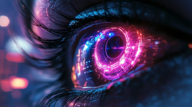 Closeup of eye with glowing, futuristic iris in warm neon lights