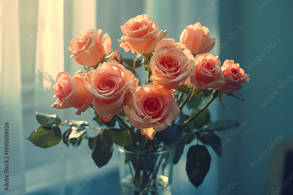 Poster vase of red roses sits on a table. the roses are arranged in a way that they are all facing the same