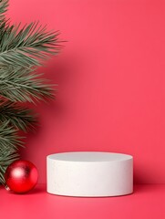 White podium with a red Christmas ornament and pine branches on a vibrant red background, minimalist festive design, holiday decor concept, with copy space
