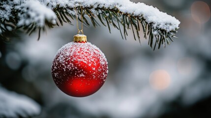 Red Christmas Ornament Covered in Snow on a Pine Branch