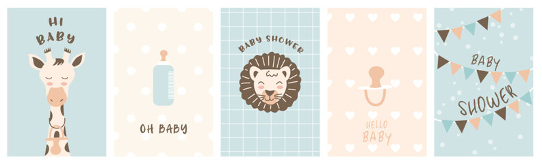 Set of baby shower invitations cards, poster, greeting, template. Vector illustrations