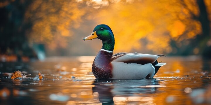 A vibrant mallard duck gracefully floats on a serene water surface surrounded by the golden hues of autumn leaves in a tranquil natural setting