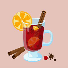 Christmas mulled wine with cinnamon, anise, orange, in glass cup in flat on pink background for posters, banners, icons 