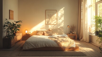 Cozy modern bedroom with beige tones, soft textures, natural light, boho style, warm and inviting, spacious and tranquil
