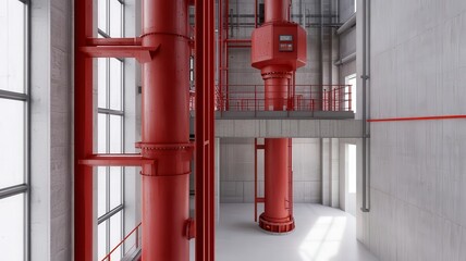 Obraz premium A modern industrial interior showcasing red pipes and concrete walls.