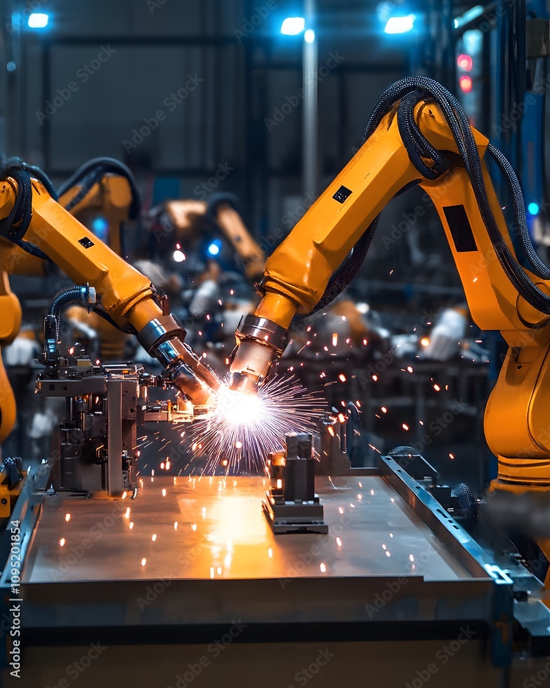 Poster industrial robots performing welding in a manufacturing facility, creating sparks and precision.