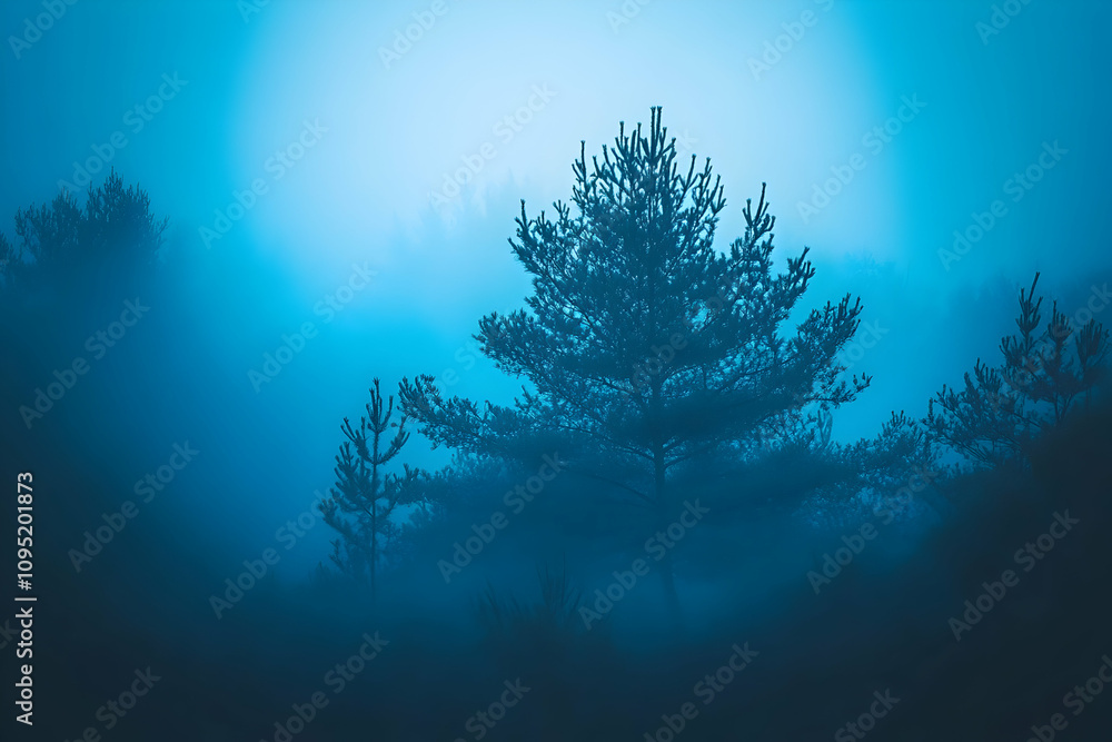 Poster enigmatic silhouette of pine trees shrouded in a deep blue mist, creating a mysterious and serene at