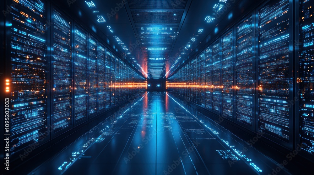 Poster digital data center: futuristic server room with glowing screens and networks