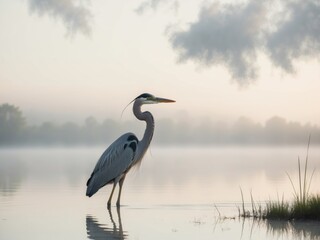 Heron Sunrise Serenity Misty Lake Tranquility 1.