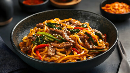 Korean noodle dish served in a bowl. high quality image