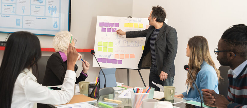 Diverse business team planning project timeline with sticky notes while leader presents strategy and revenue streams board