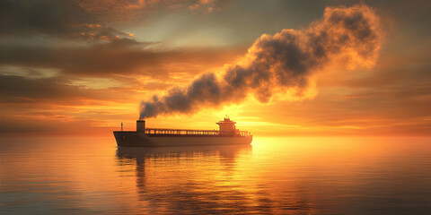 Obraz premium Large cargo ship emits smoke across calm ocean at sunset. high quality image