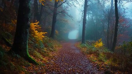 Fototapeta premium A Misty Forest Path in Autumn with Colorful Leaves and Soft Fog