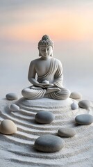 A Buddha statue meditates in the middle of an empty circle on white sand, with three small rocks