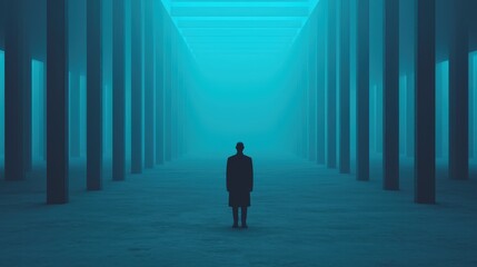 Futuristic Cityscape Mysterious Figure in Neon Lit Columns