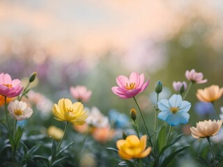 Colorful garden blooms in early spring under a soft pastel sky.