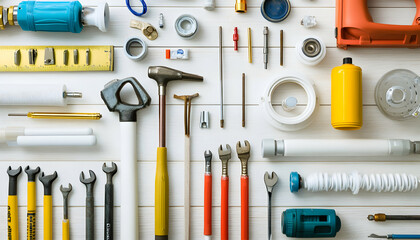 Flat lay of various tools and equipment arranged on a white wooden background, showcasing a collection of hand tools, power tools, and plumbing supplies.