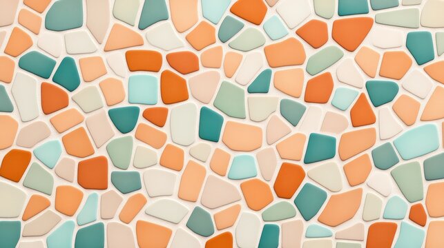 A seamless layout of mosaic tiles in vibrant orange, leafy green, and azure blue tones, ideal for dynamic textures, Photorealistic