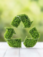 Green recycling symbol made from grass on a wooden surface, symbolizing eco-friendly practices and sustainability. Blurred nature background.