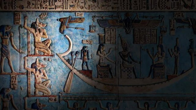 Light spot moving on hieroglyphic carvings and paintings on the interior walls of an ancient egyptian temple, 4k