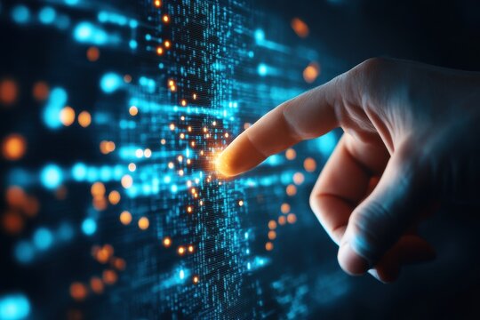 Hand touching futuristic digital interface with glowing data points, representing technology, innovation, and information exchange.