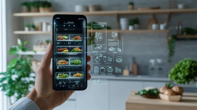 A smartphone in hand showing a futuristic fridge with transparent screens displaying food inventory, recipe suggestions, and shopping lists, the real-world background mirrors a modern kitchen, with
